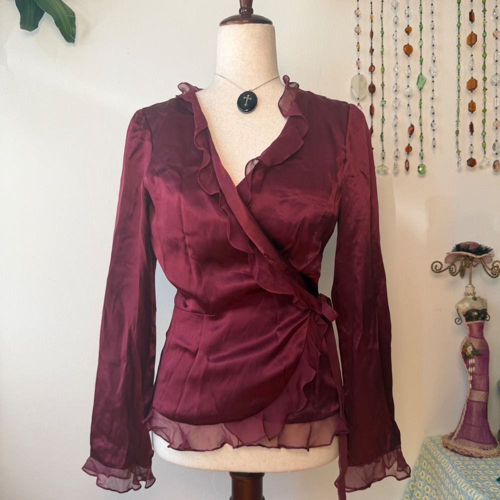 ICE 100% Silk Wrap Babydoll Blouse Burgundy Ruffle Hem Y2K Vampy Office Siren
